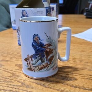 Norman Rockwell White Porcelain Mug with Blue Fisherman and Gold Trim